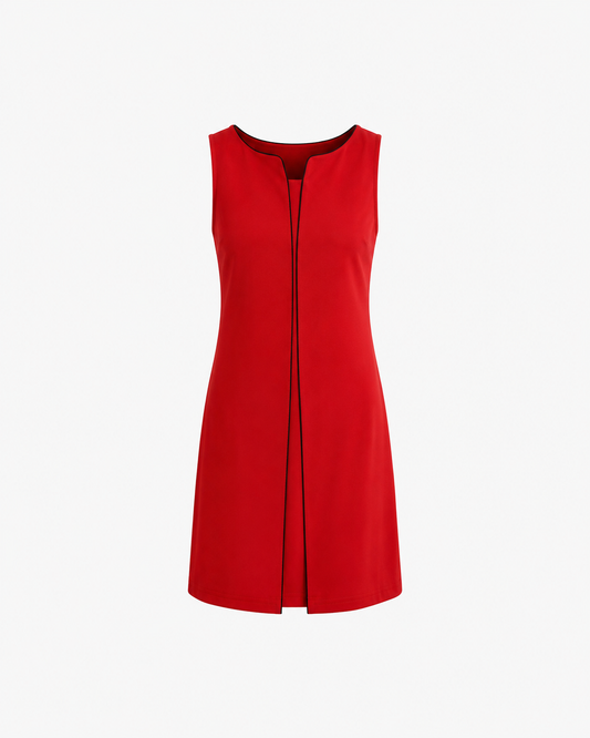 Stylised Neck Piping Detail Shift Dress - Red