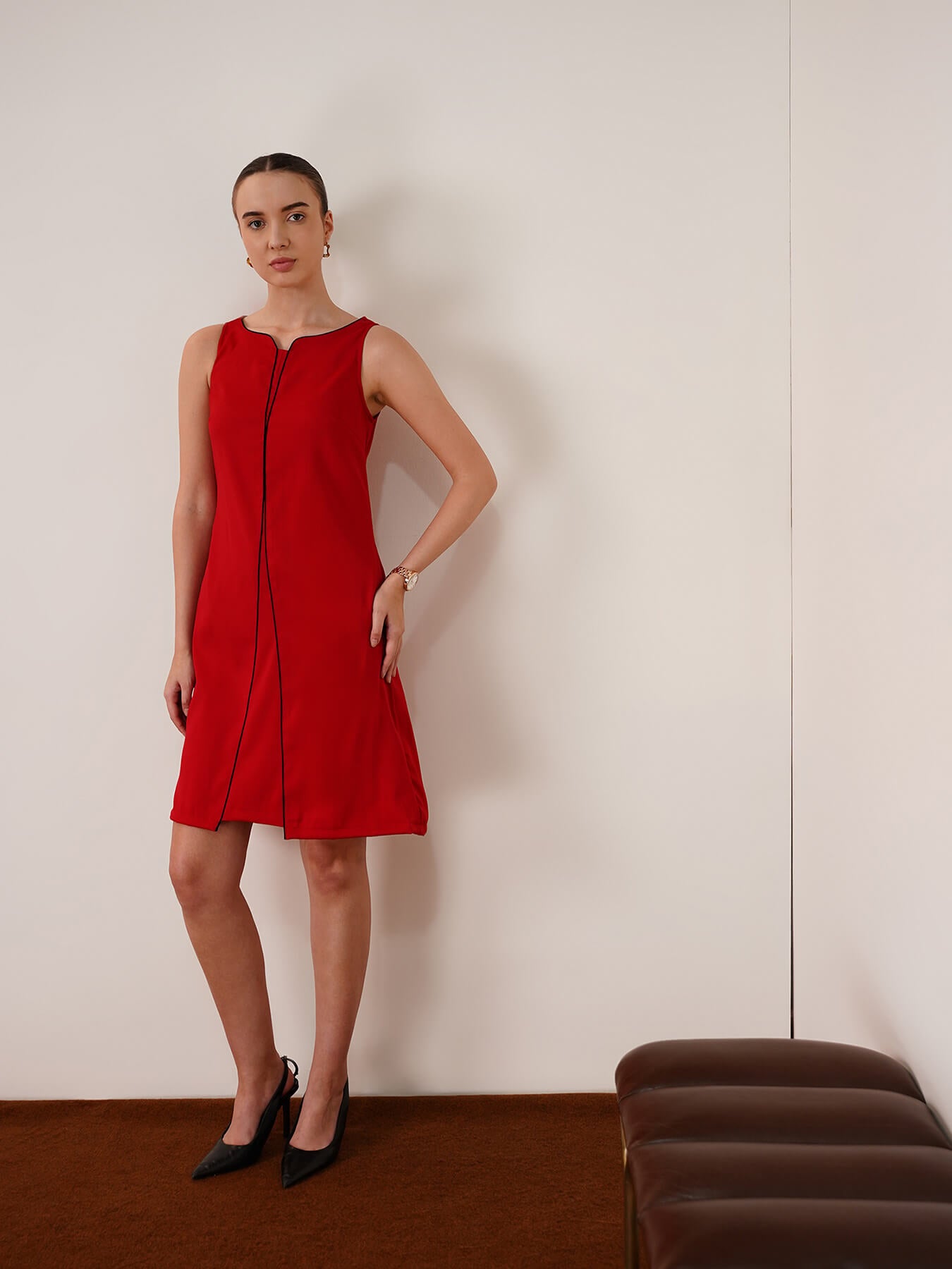 Stylised Neck Piping Detail Shift Dress - Red