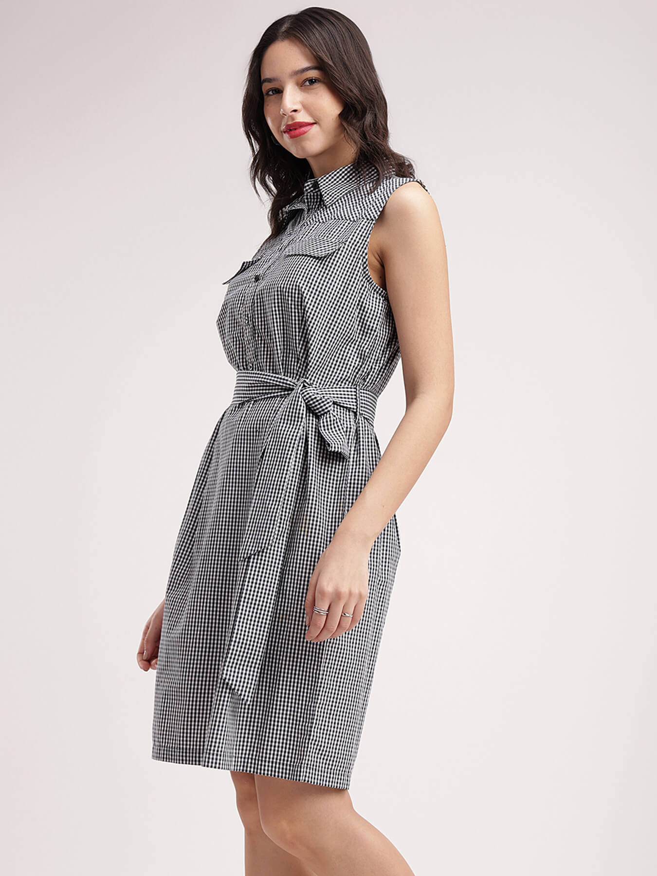 Collared Check Tie Up Dress - Black and White