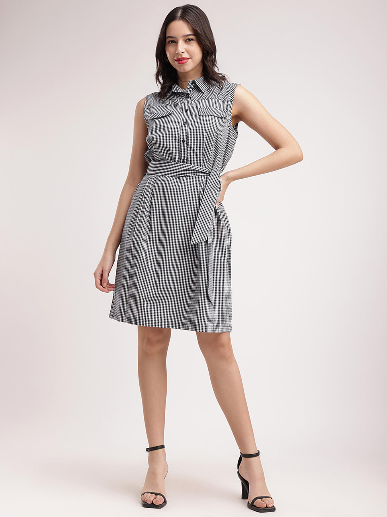 Collared Check Tie Up Dress - Black and White