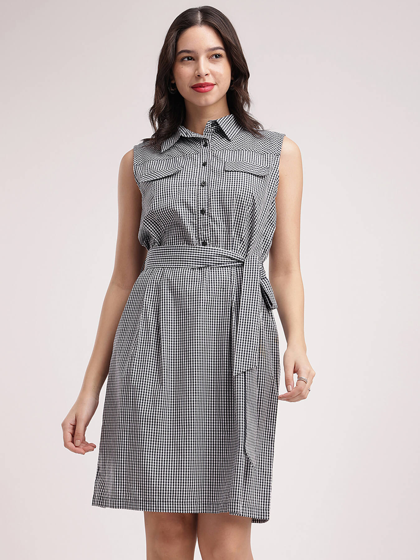 Collared Check Tie Up Dress - Black and White
