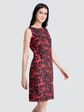 Boat Neck Floral Shift Dress - Red