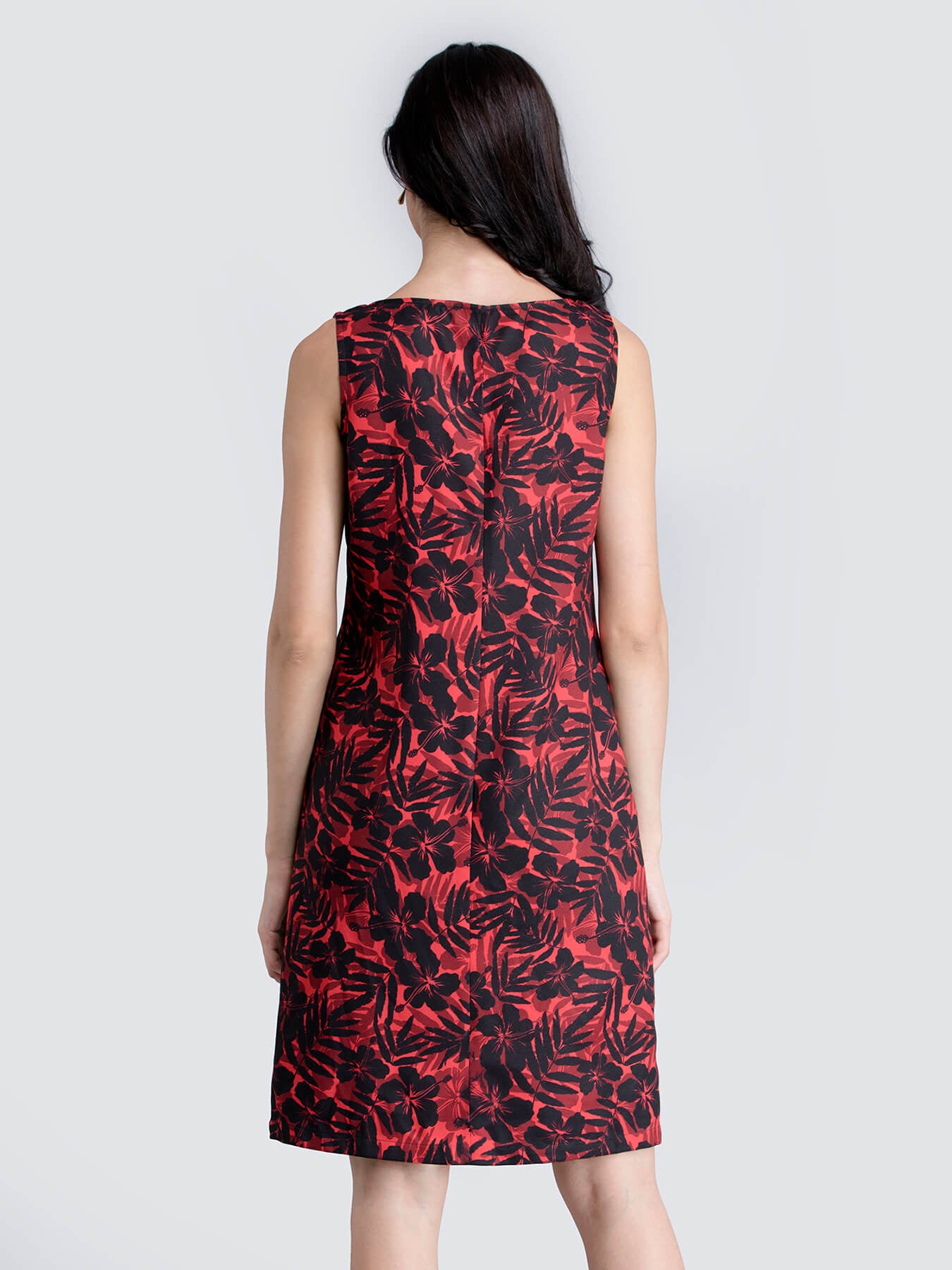 Boat Neck Floral Shift Dress - Red