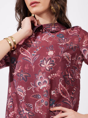 Chanderi Floral Dress - Maroon