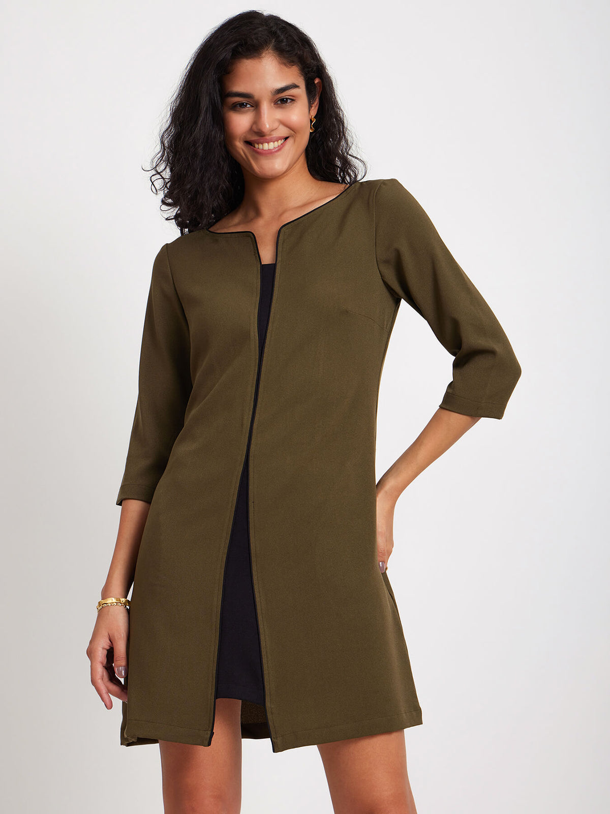 Colour Block A-Line Dress - Olive Green