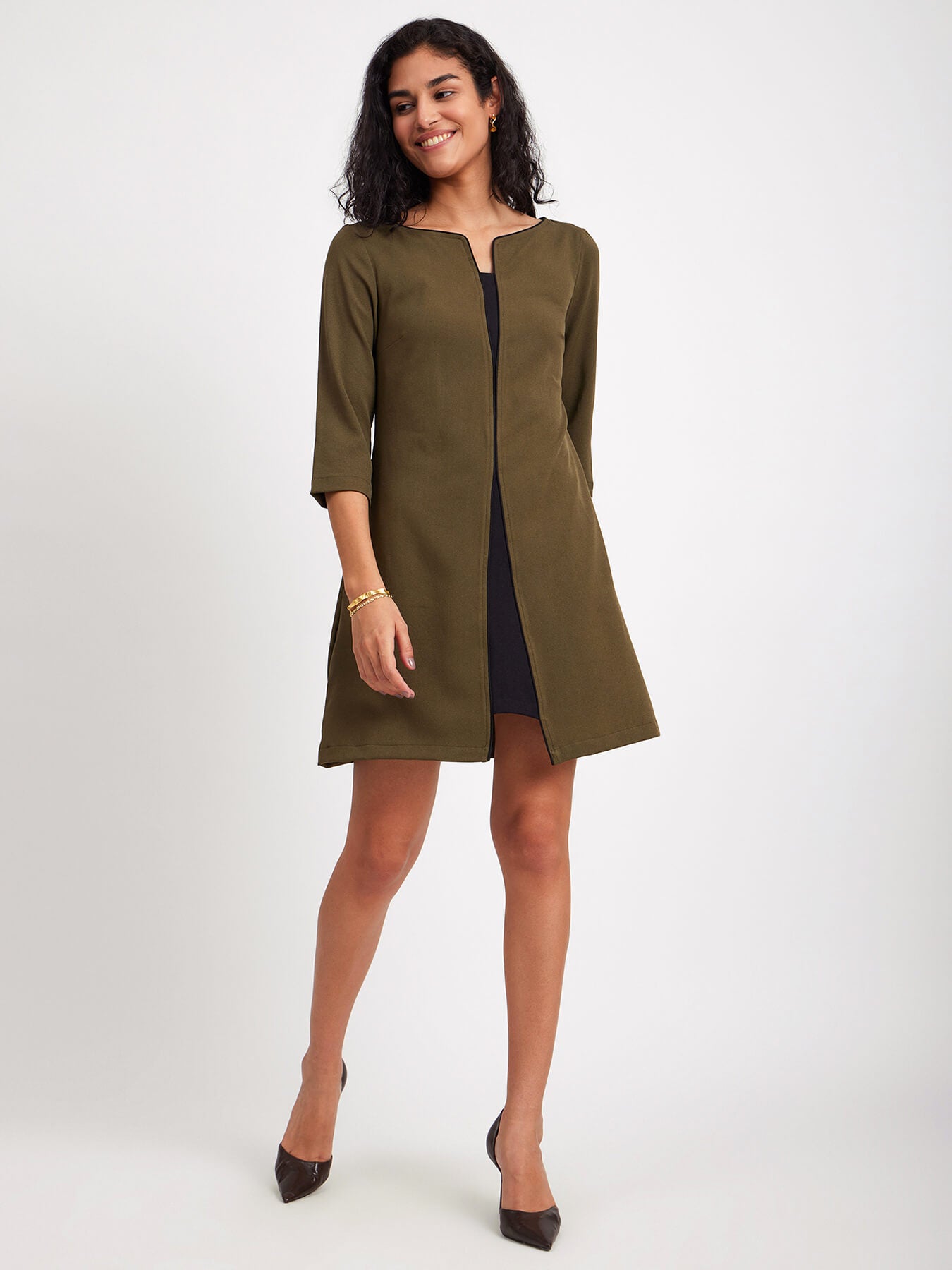 Colour Block A-Line Dress - Olive Green