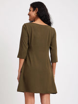 Colour Block A-Line Dress - Olive Green
