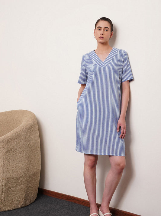 Linen Striped V Neck Shift Dress - Blue and White
