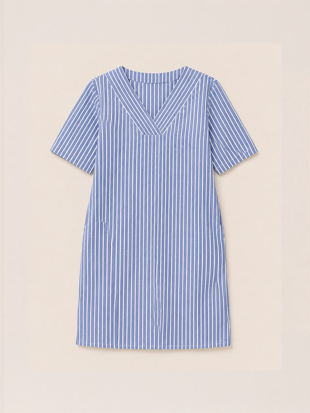Linen Striped V Neck Shift Dress - Blue and White