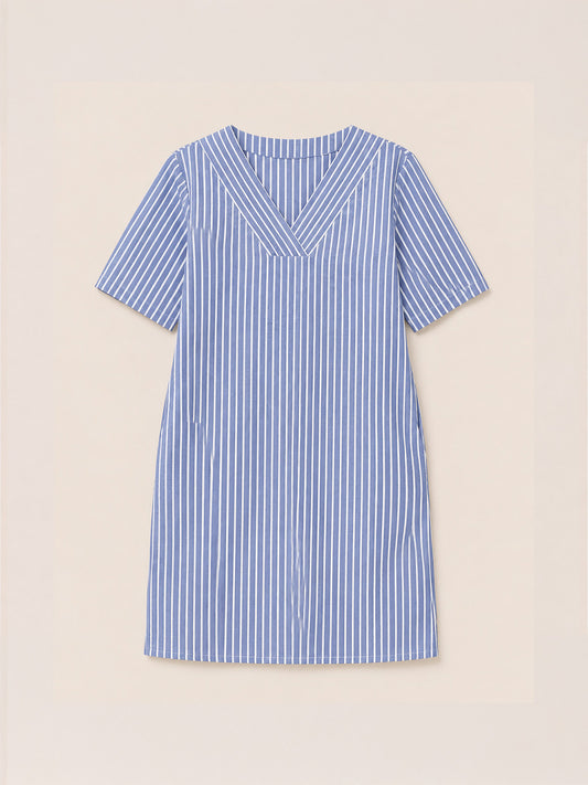 Linen Striped V Neck Shift Dress - Blue and White