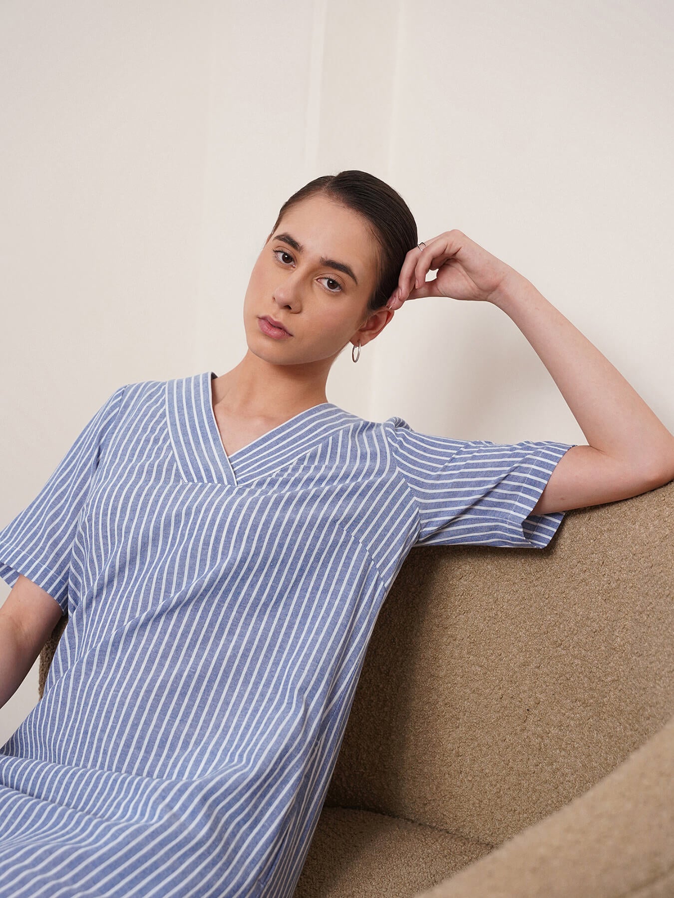 Linen Striped V Neck Shift Dress - Blue and White