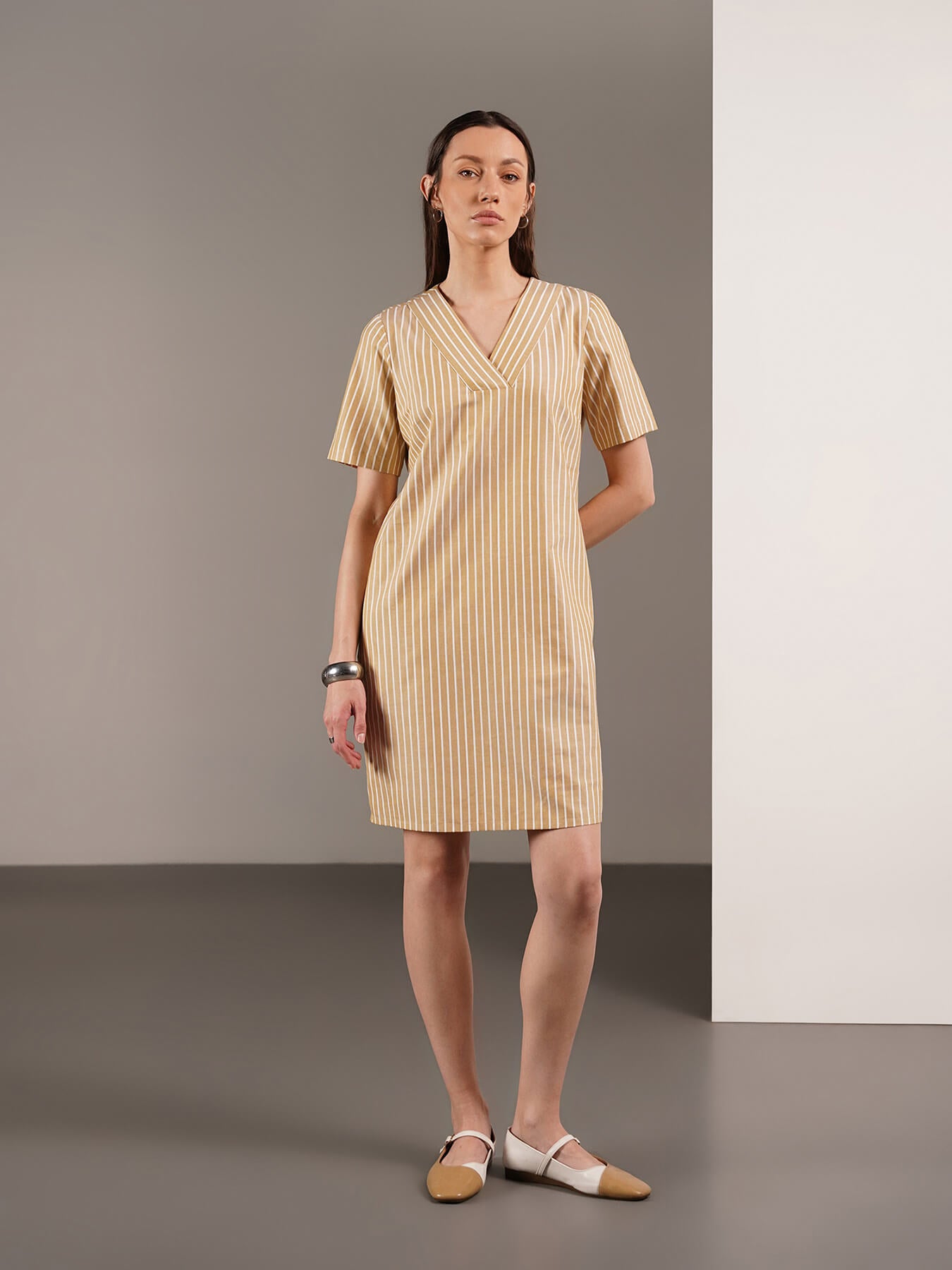 Cotton Striped Shift Dress - Mustard