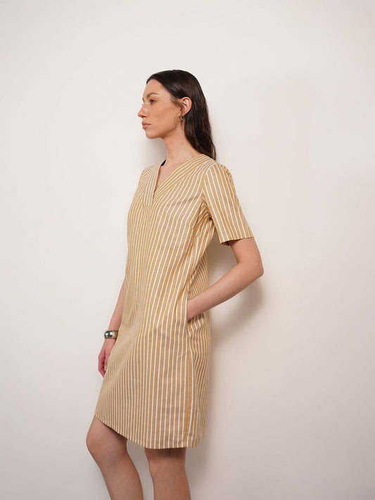 Cotton Striped Shift Dress - Mustard