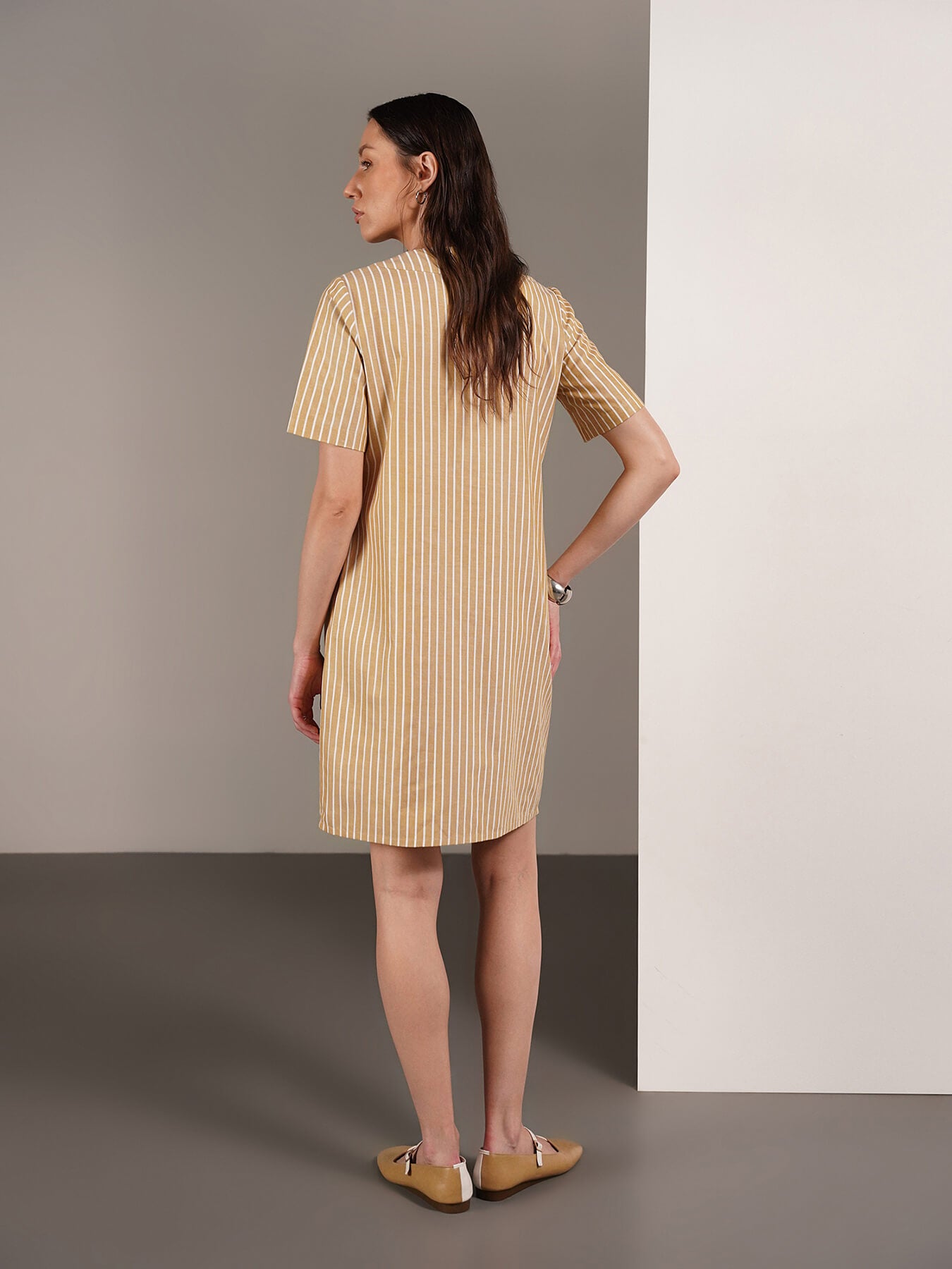 Cotton Striped Shift Dress - Mustard
