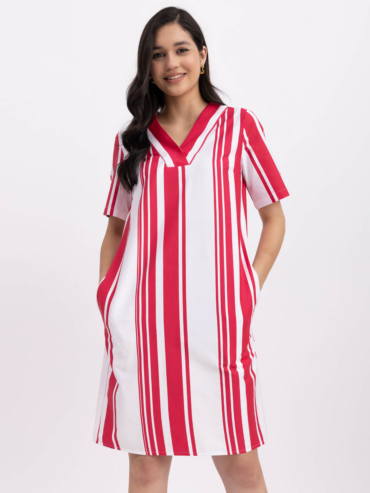 Cotton Striped Dress - Red And White