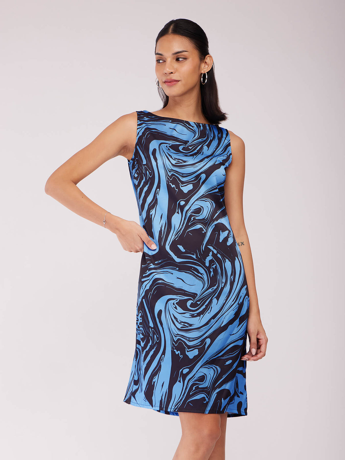 Marble Print Shift Dress - Blue And Black