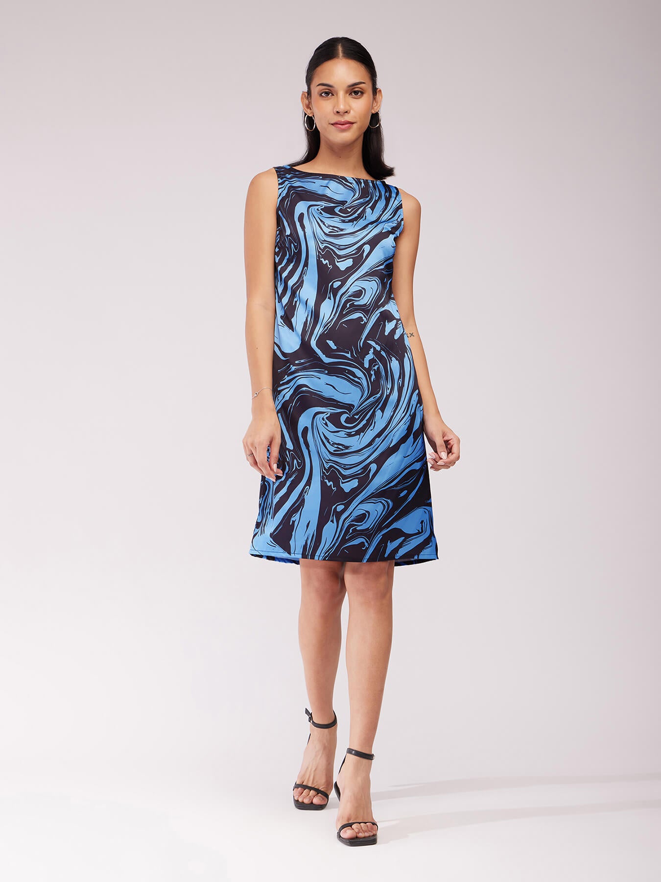 Marble Print Shift Dress - Blue And Black