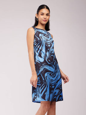 Marble Print Shift Dress - Blue And Black