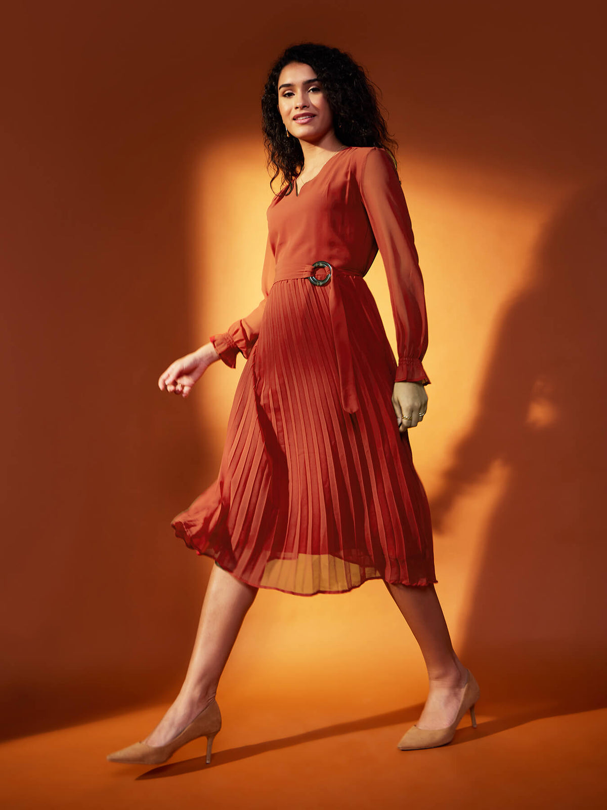 V Neck Pleated Fit and Flare Dress - Rust