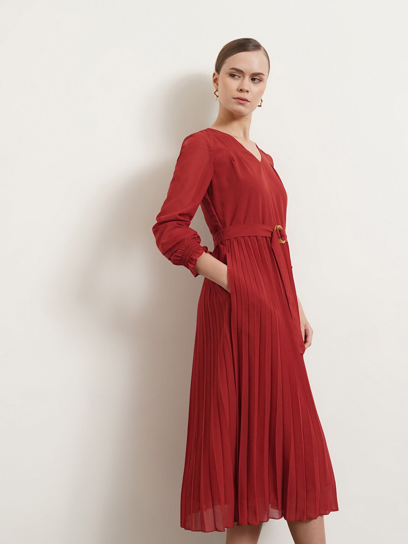 V Neck Pleated Fit and Flare Dress - Rust