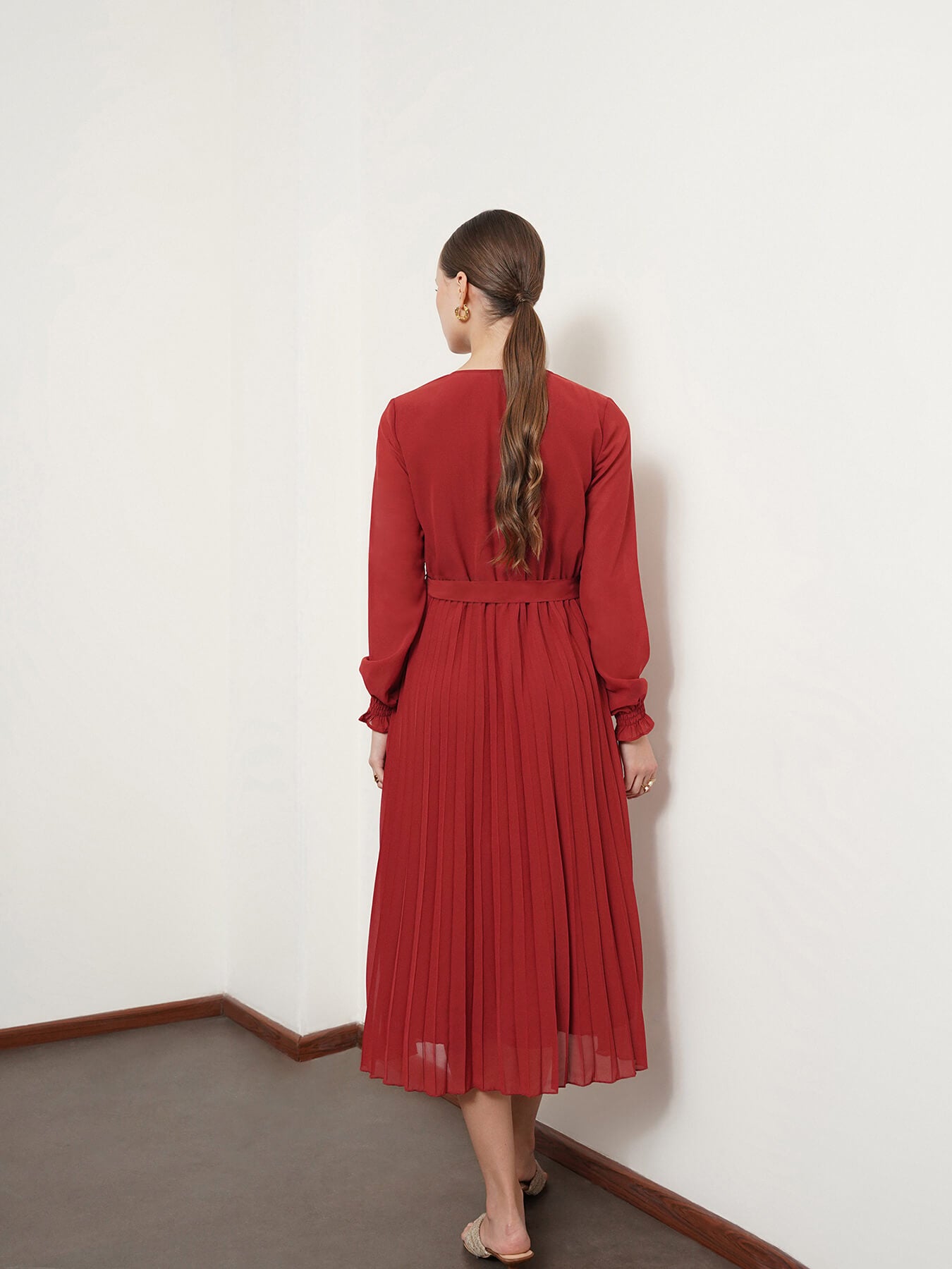 V Neck Pleated Fit and Flare Dress - Rust