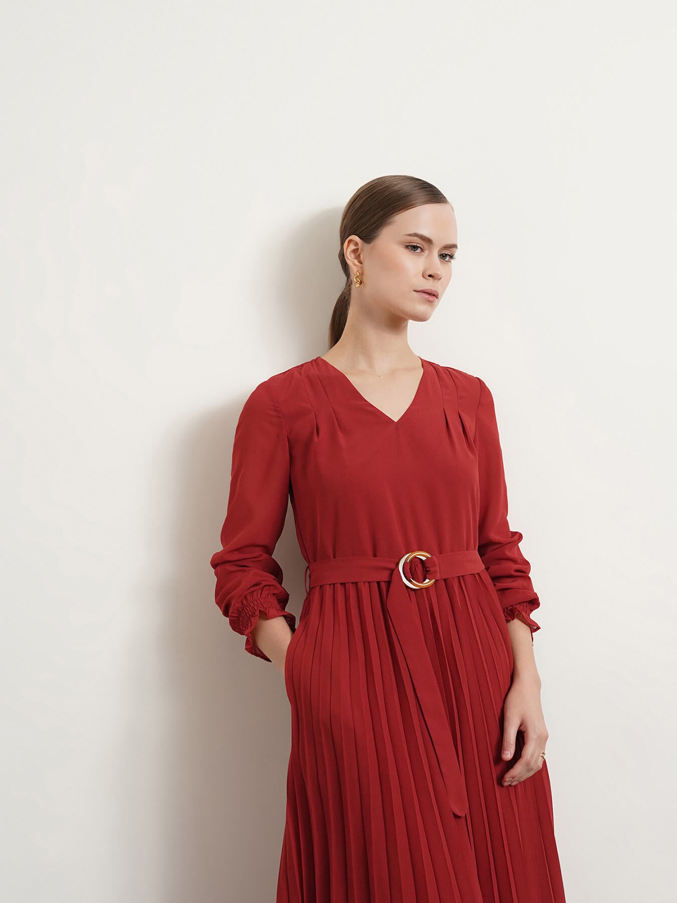V Neck Pleated Fit and Flare Dress - Rust