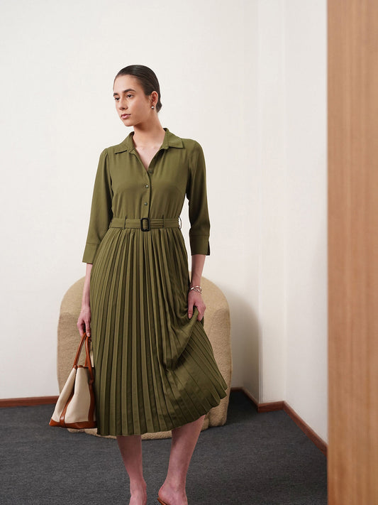 Collared Pleated Fit and Flare Dress - Olive