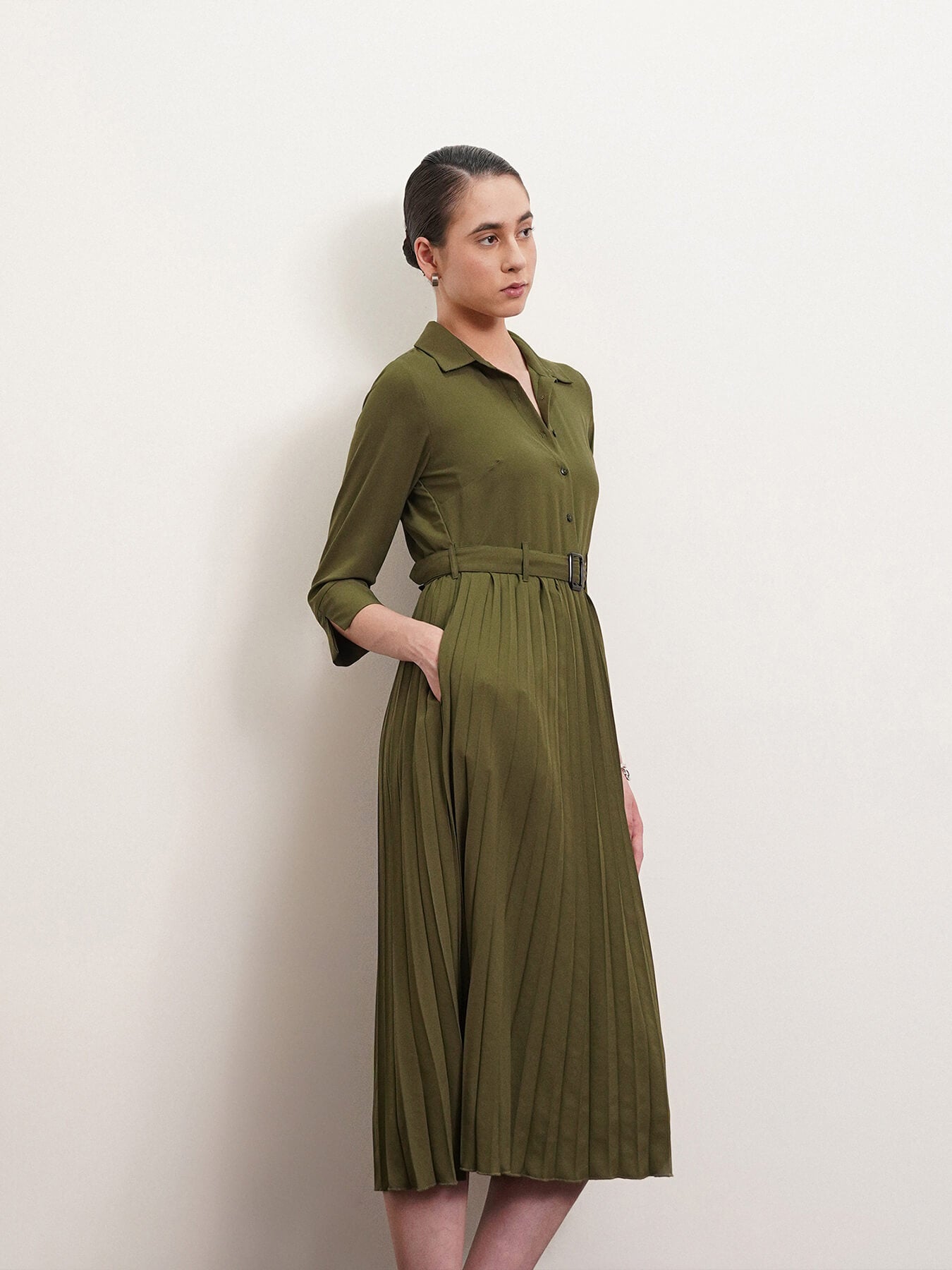 Collared Pleated Fit and Flare Dress - Olive