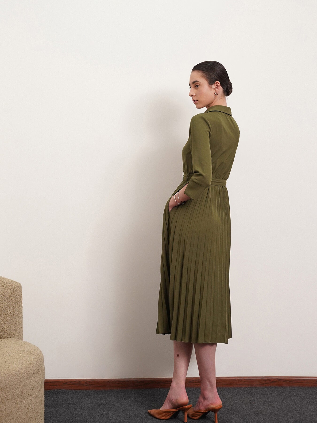 Collared Pleated Fit and Flare Dress - Olive