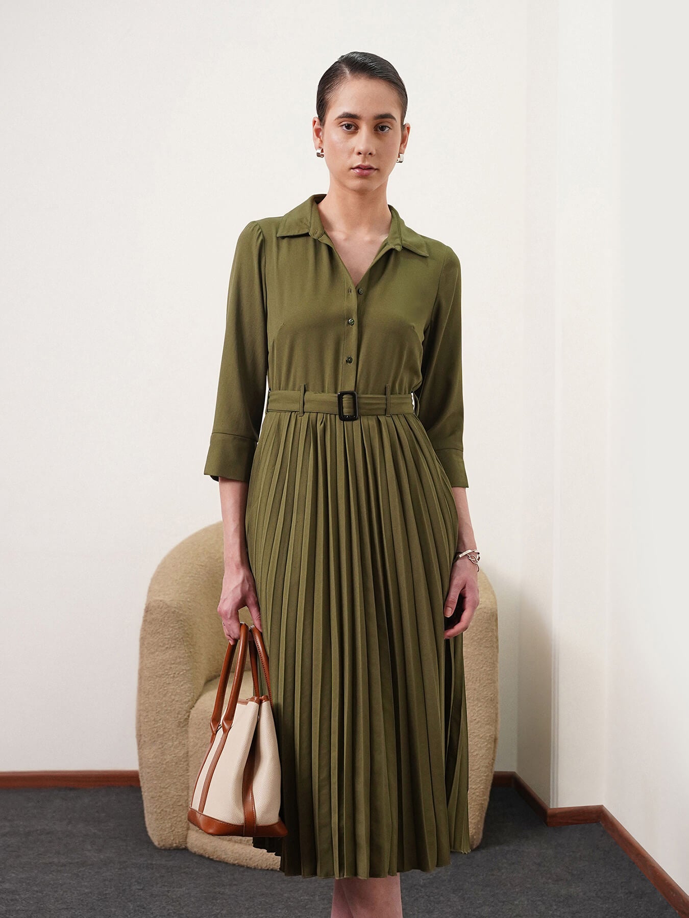 Collared Pleated Fit and Flare Dress - Olive