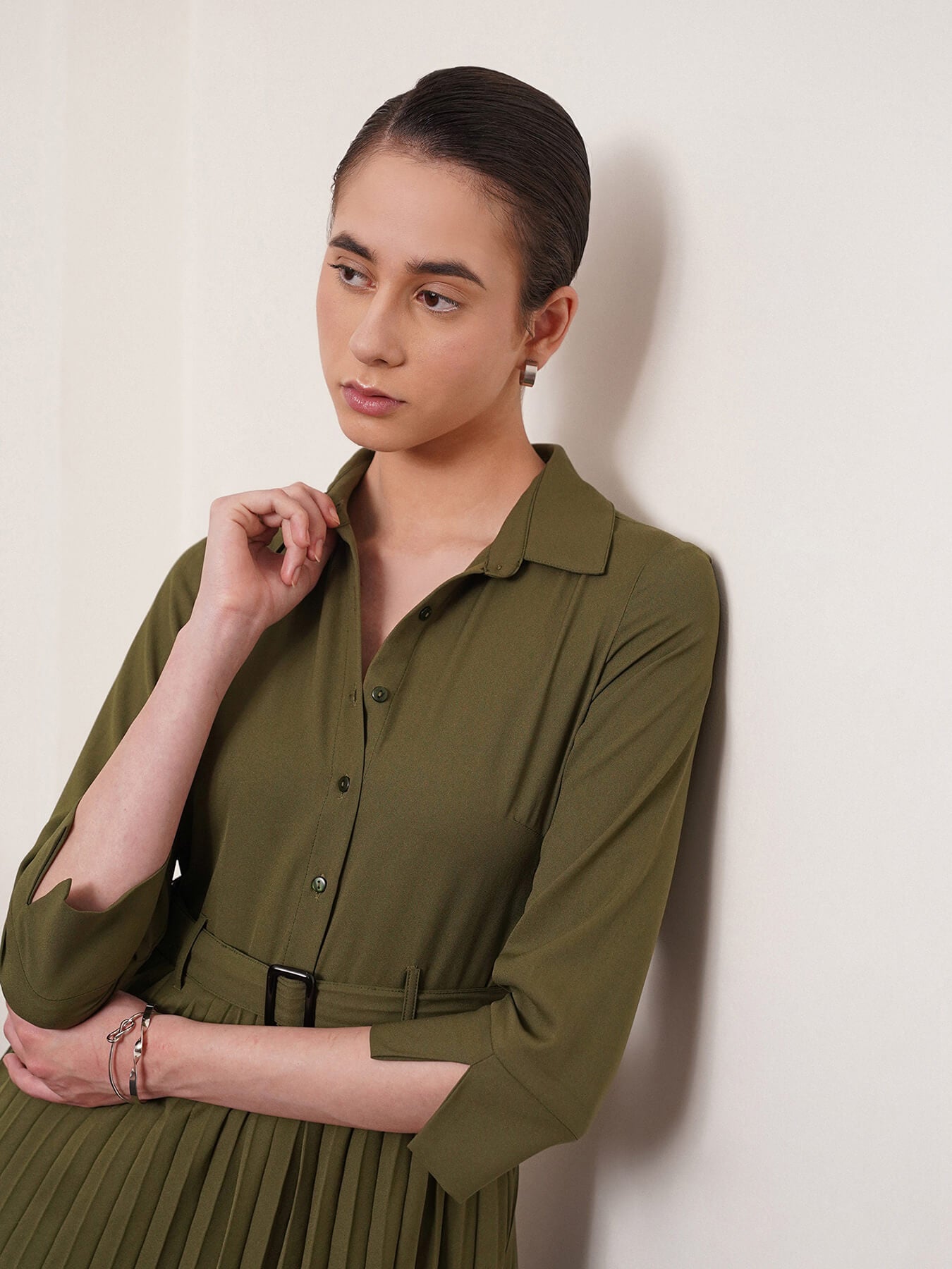 Collared Pleated Fit and Flare Dress - Olive