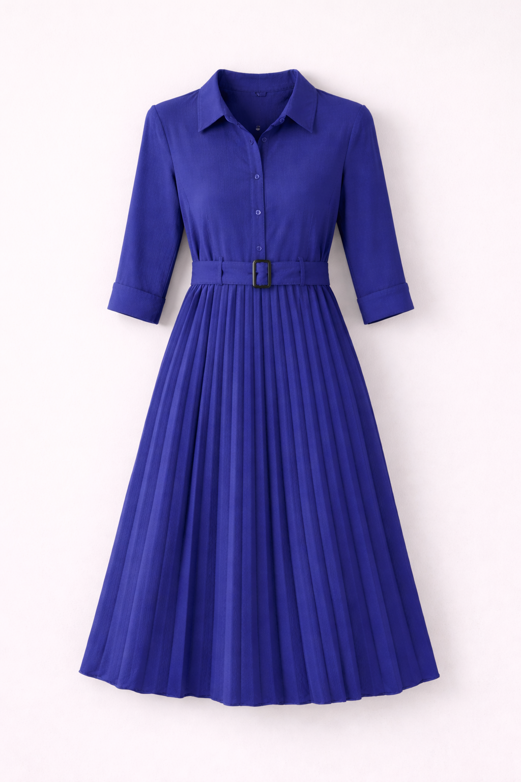 Collared Pleated Fit and Flare Dress - Royal Blue
