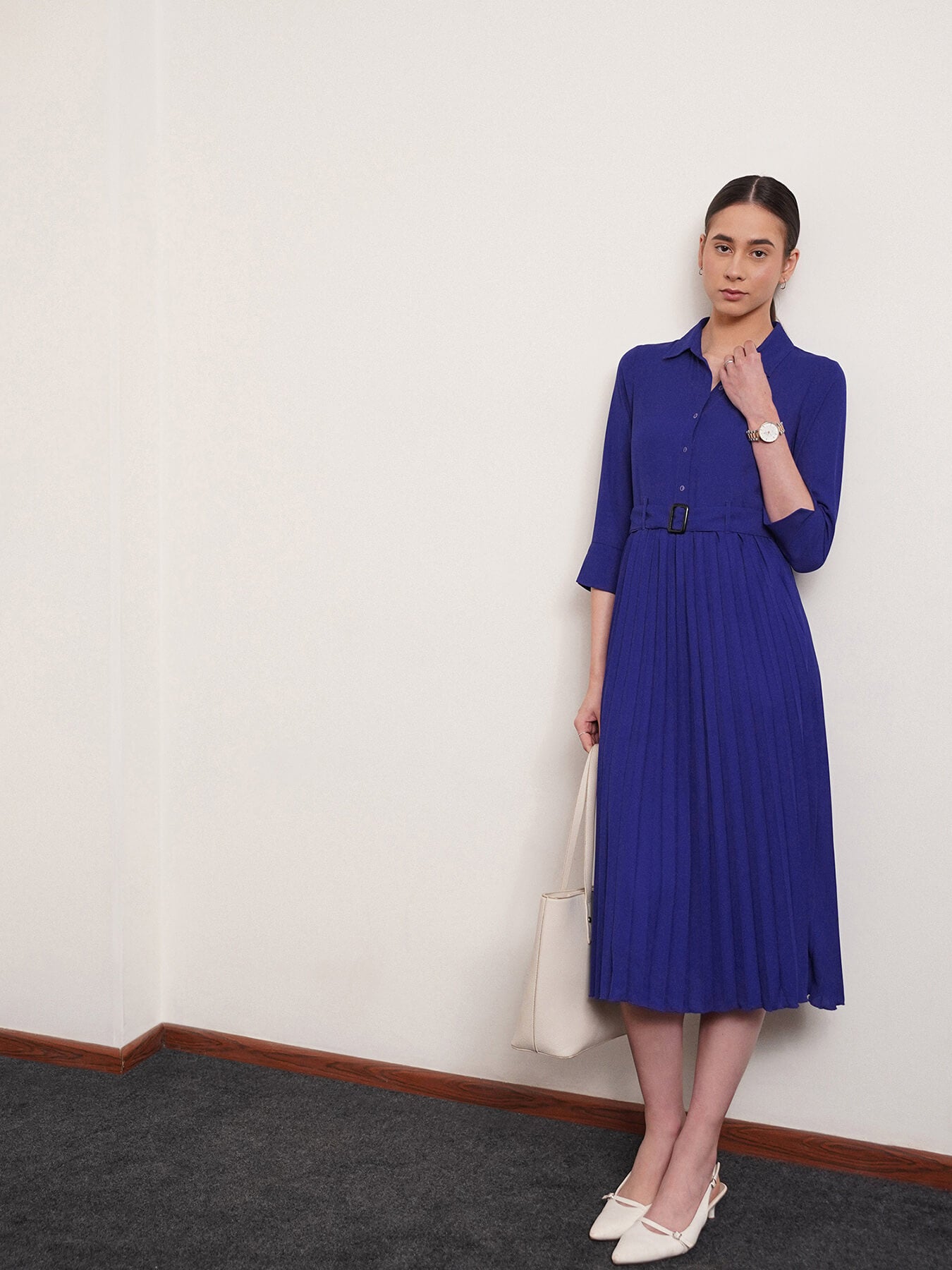 Collared Pleated Fit and Flare Dress - Royal Blue