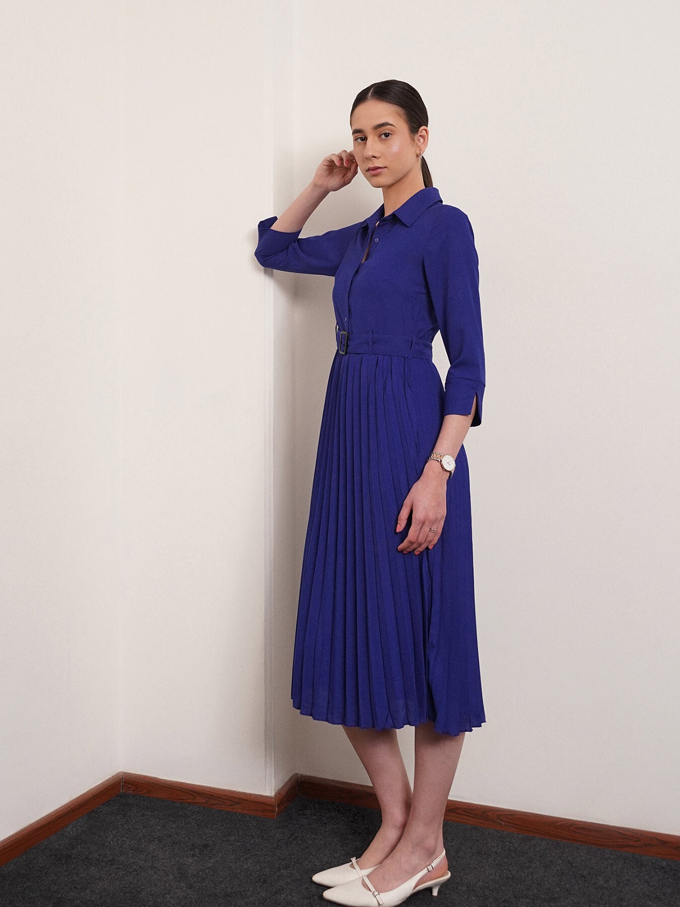 Collared Pleated Fit and Flare Dress - Royal Blue