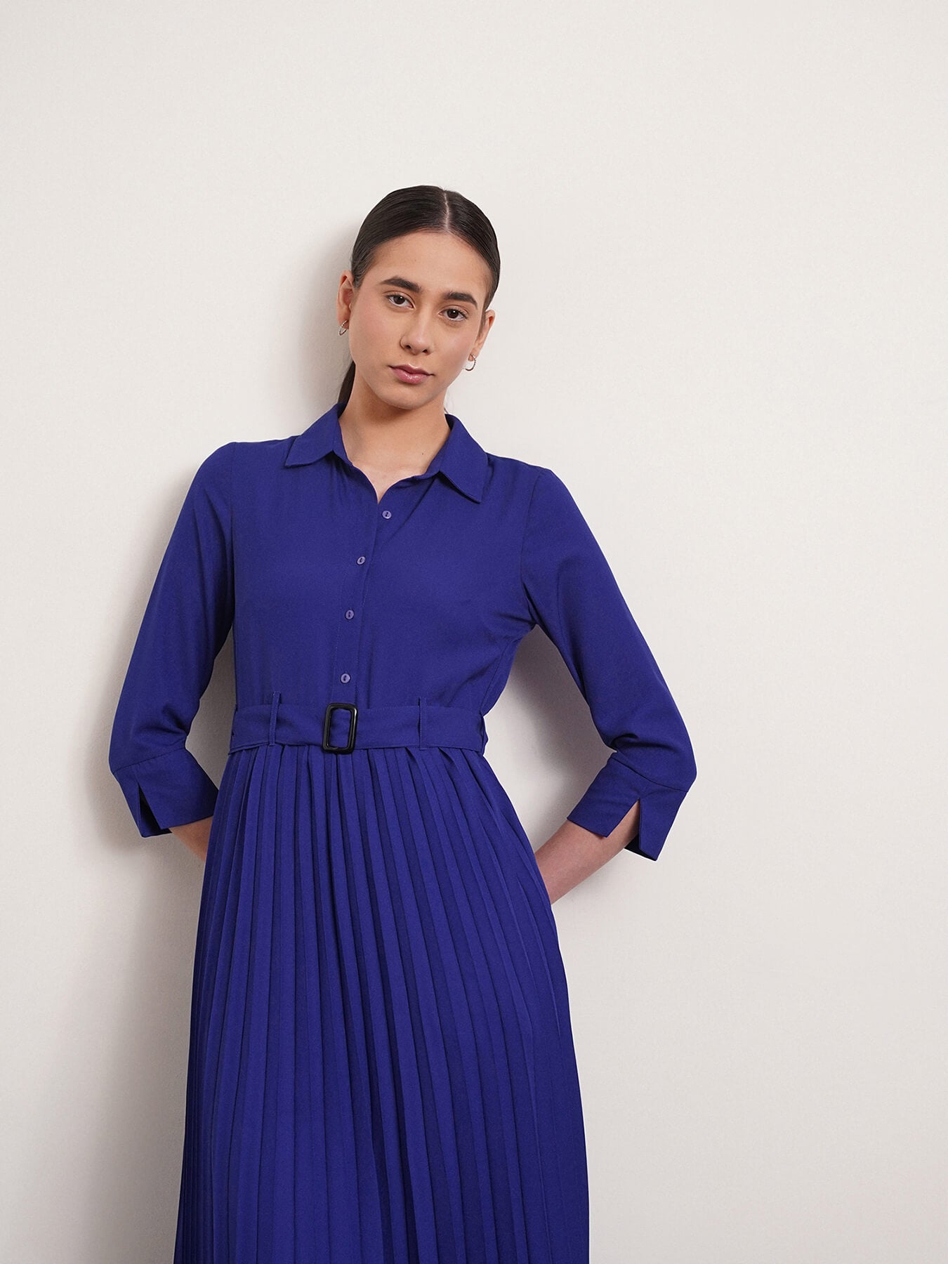 Collared Pleated Fit and Flare Dress - Royal Blue