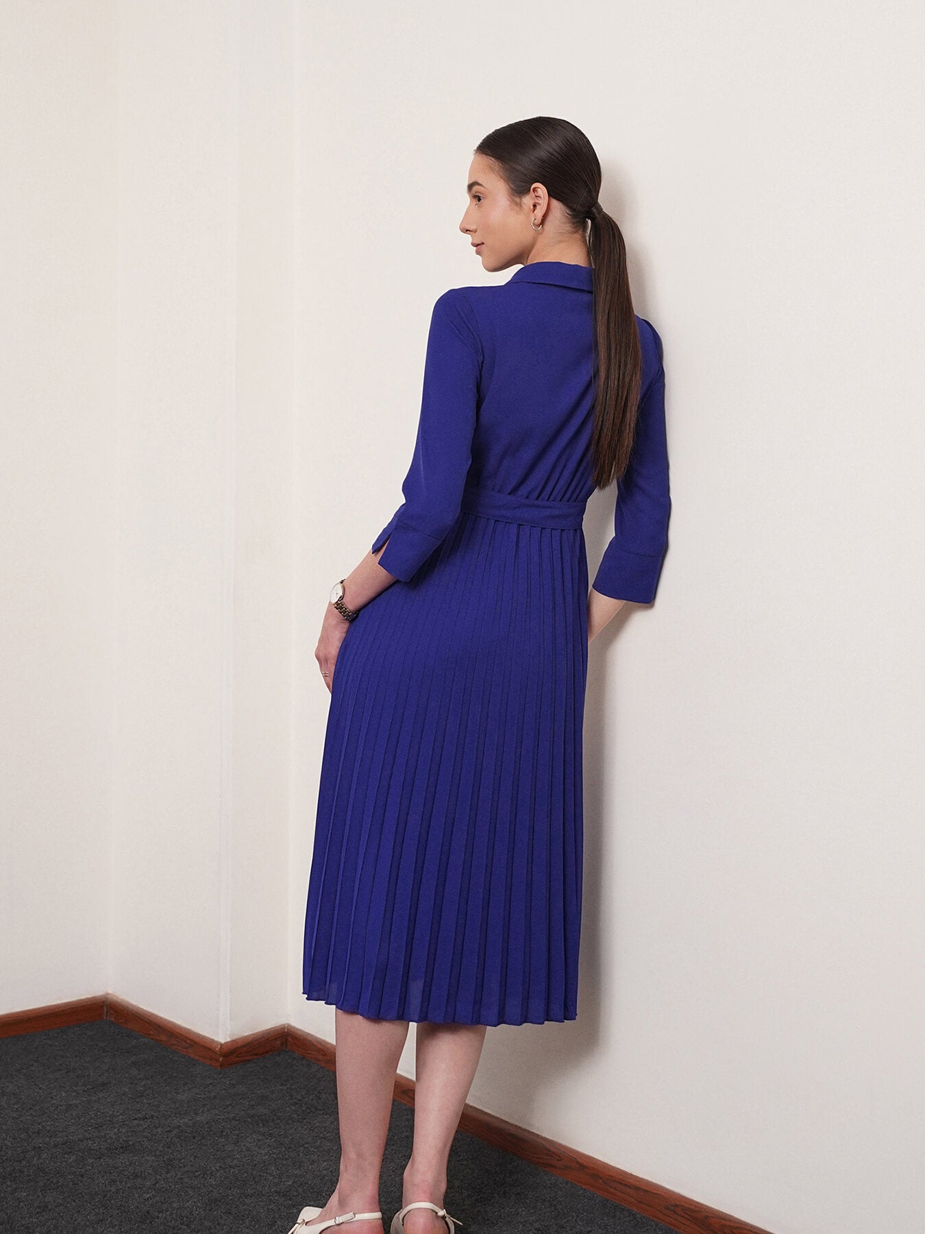 Collared Pleated Fit and Flare Dress - Royal Blue
