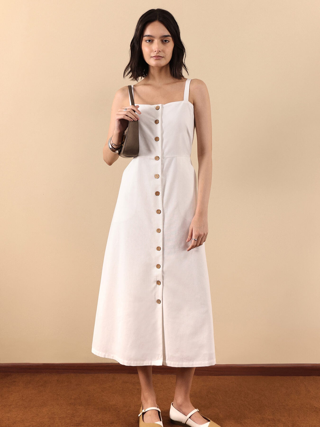 Button-Down Strap Midi Dress - White