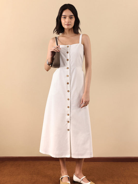Button-Down Strap Midi Dress - White