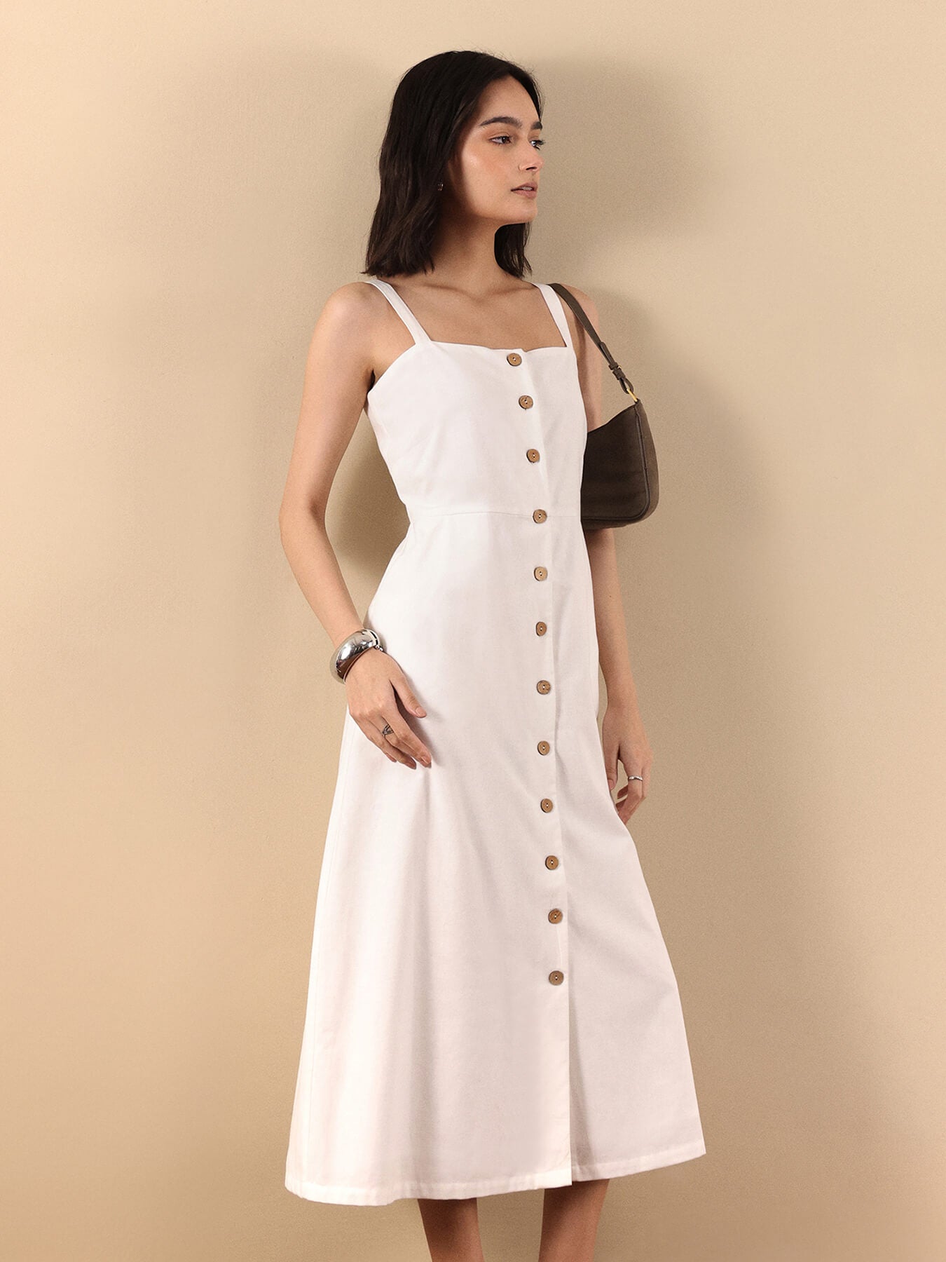 Button-Down Strap Midi Dress - White