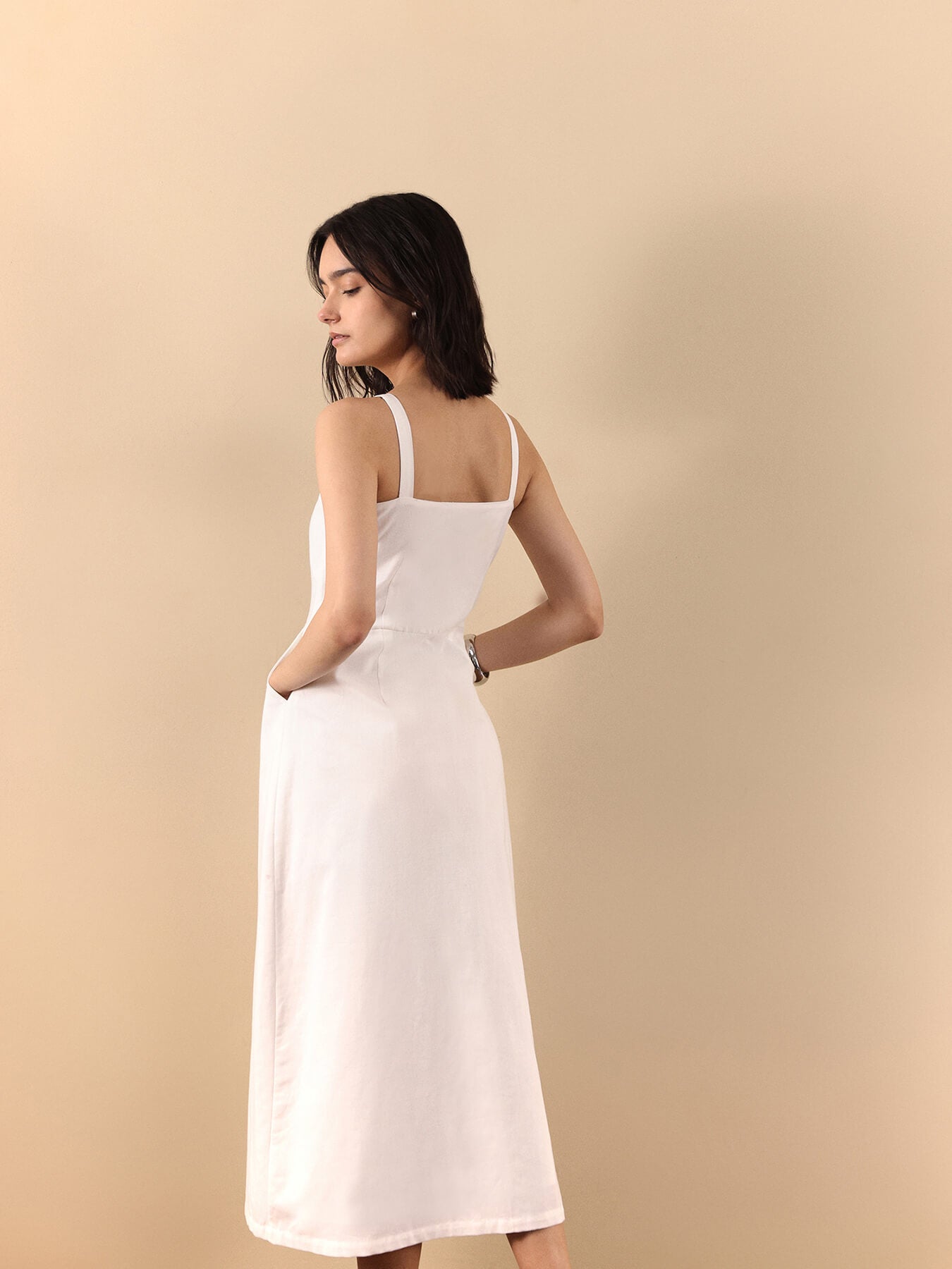 Button-Down Strap Midi Dress - White
