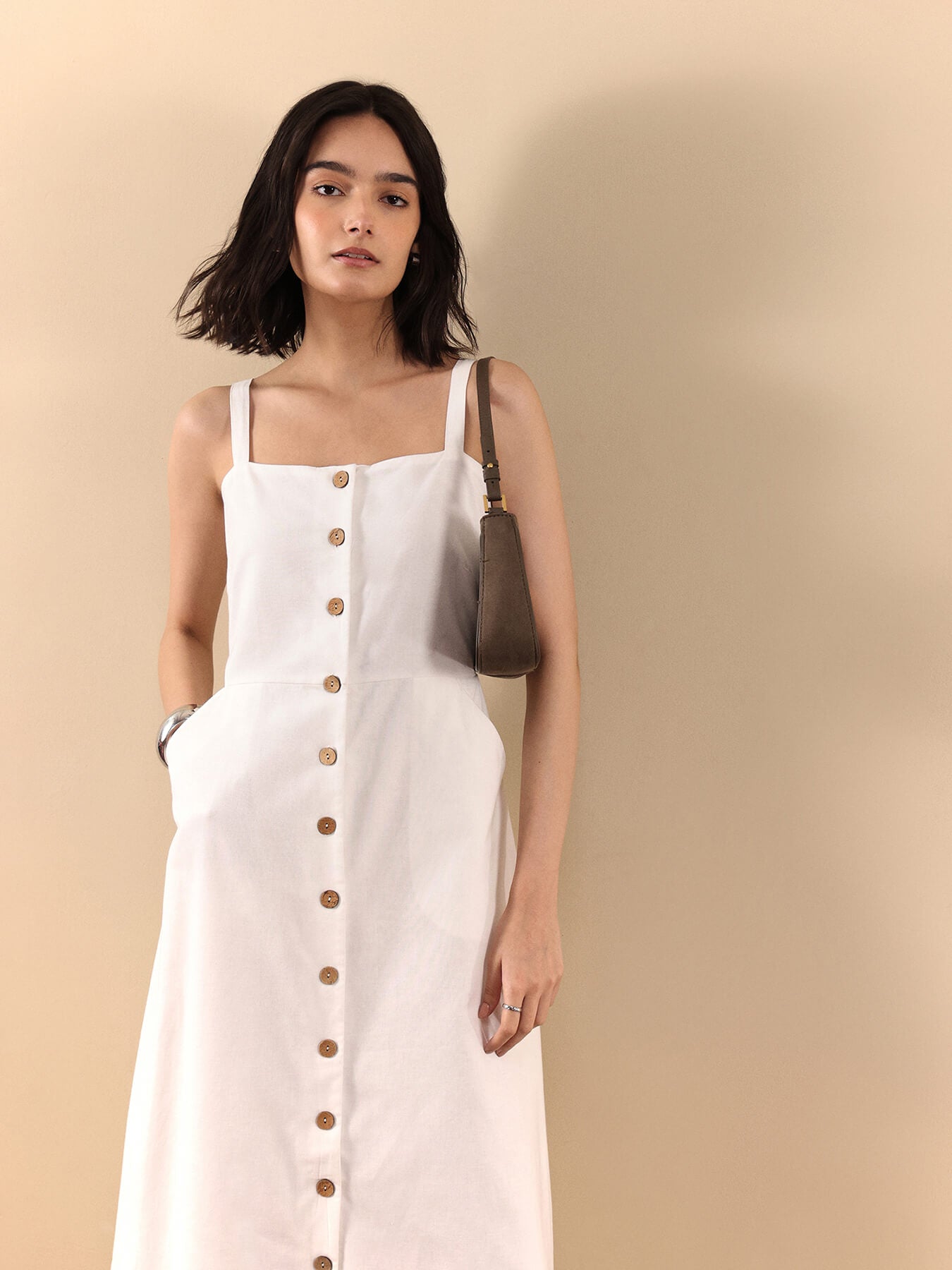 Button-Down Strap Midi Dress - White