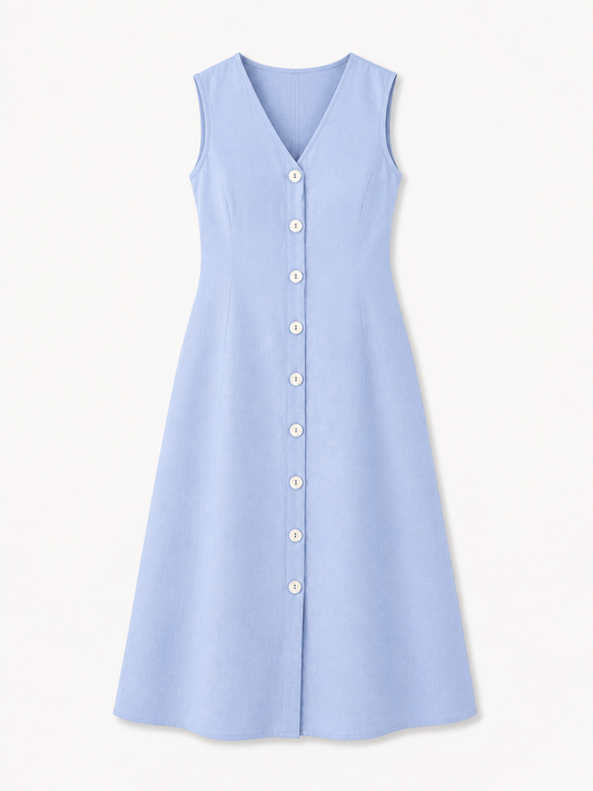 Cotton Button Down Dress- Blue