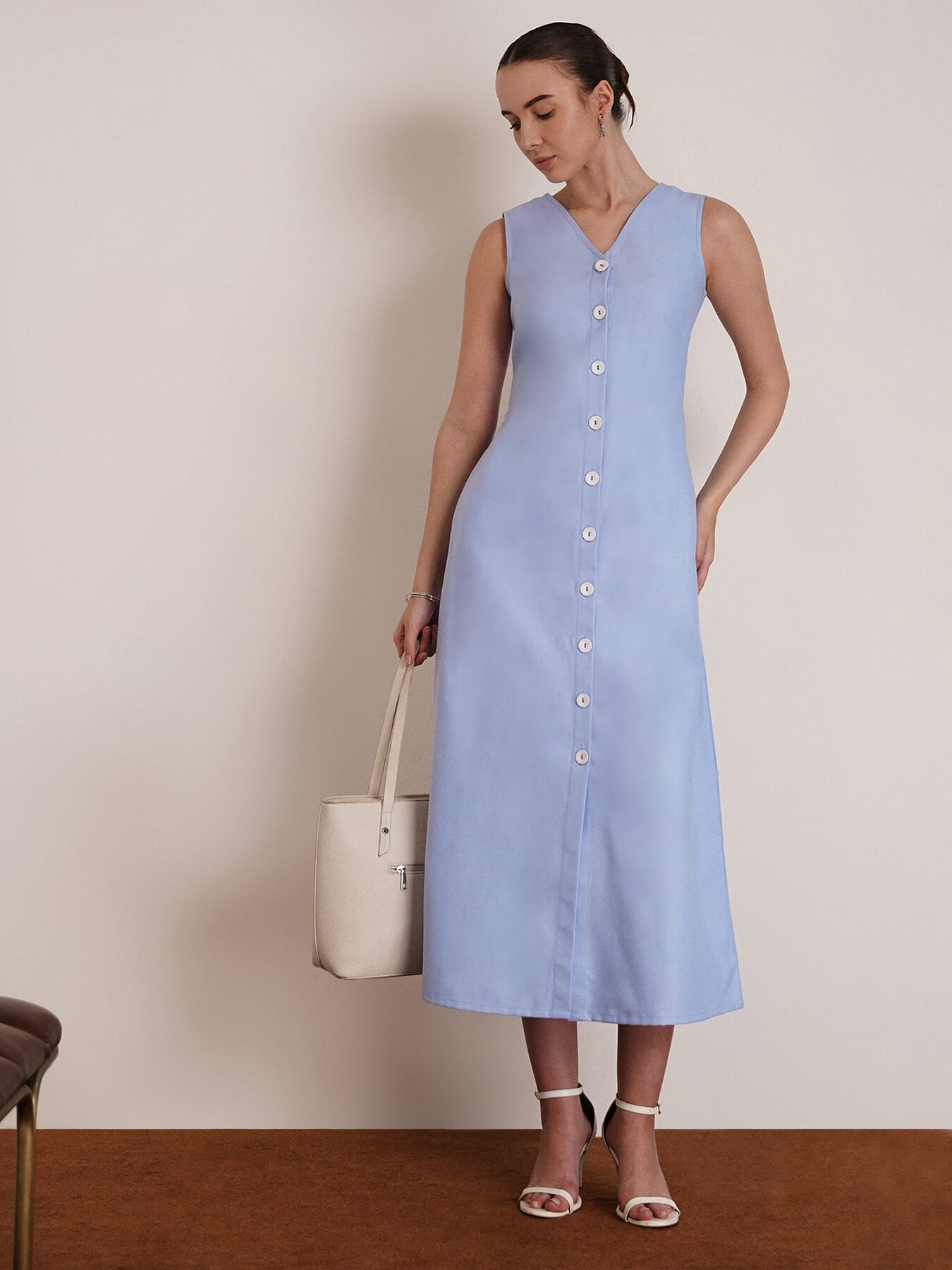 Cotton Button Down Dress- Blue