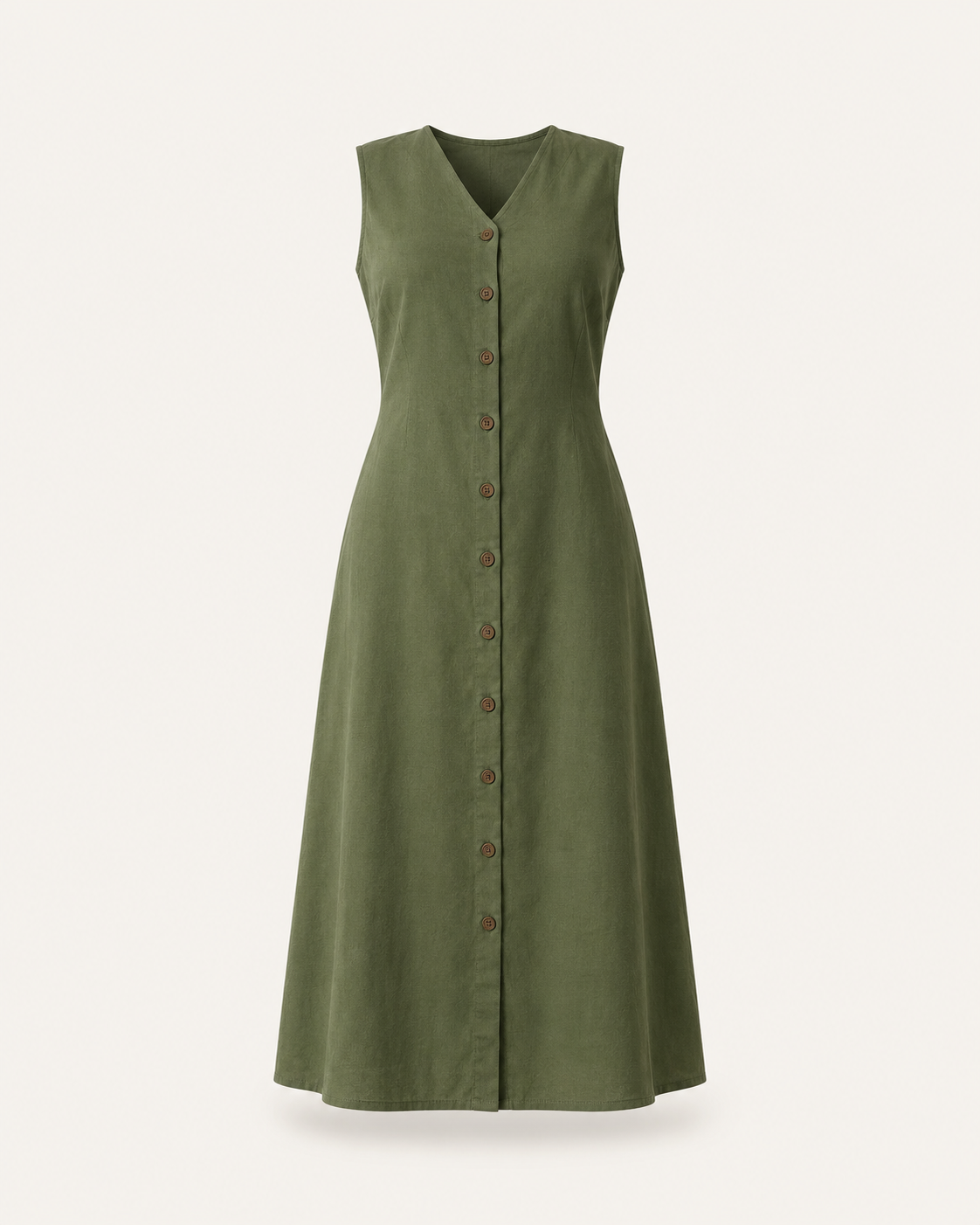 Cotton Button Down A-Line Dress - Olive
