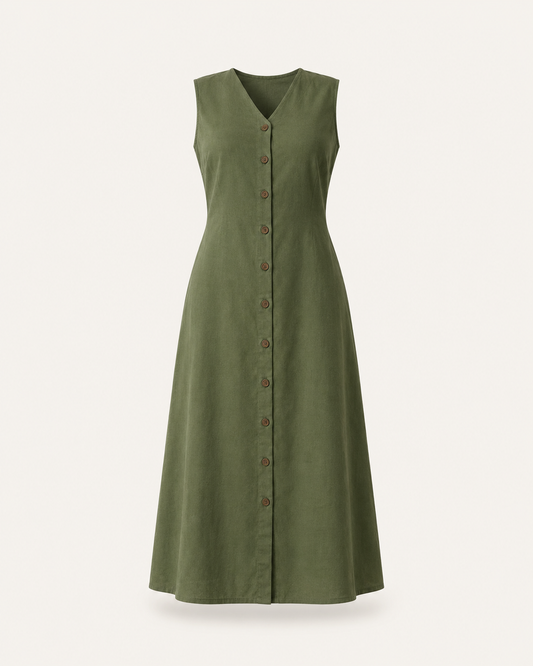 Cotton Button Down A-Line Dress - Olive