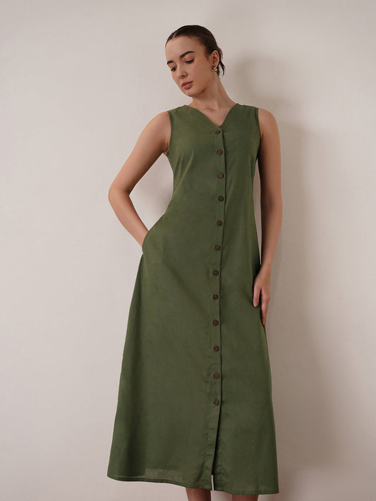 Cotton Button Down A-Line Dress - Olive