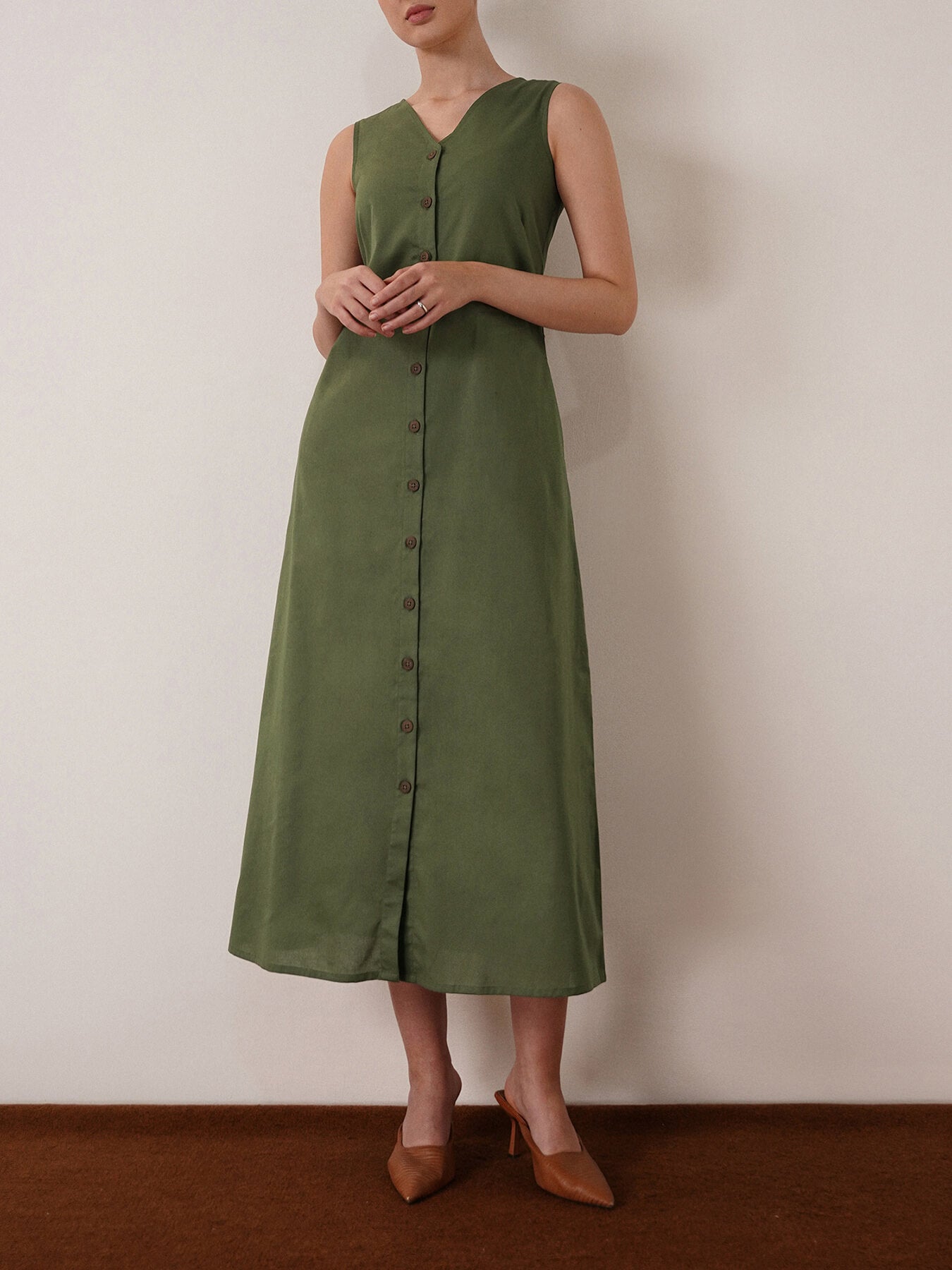 Cotton Button Down A-Line Dress - Olive
