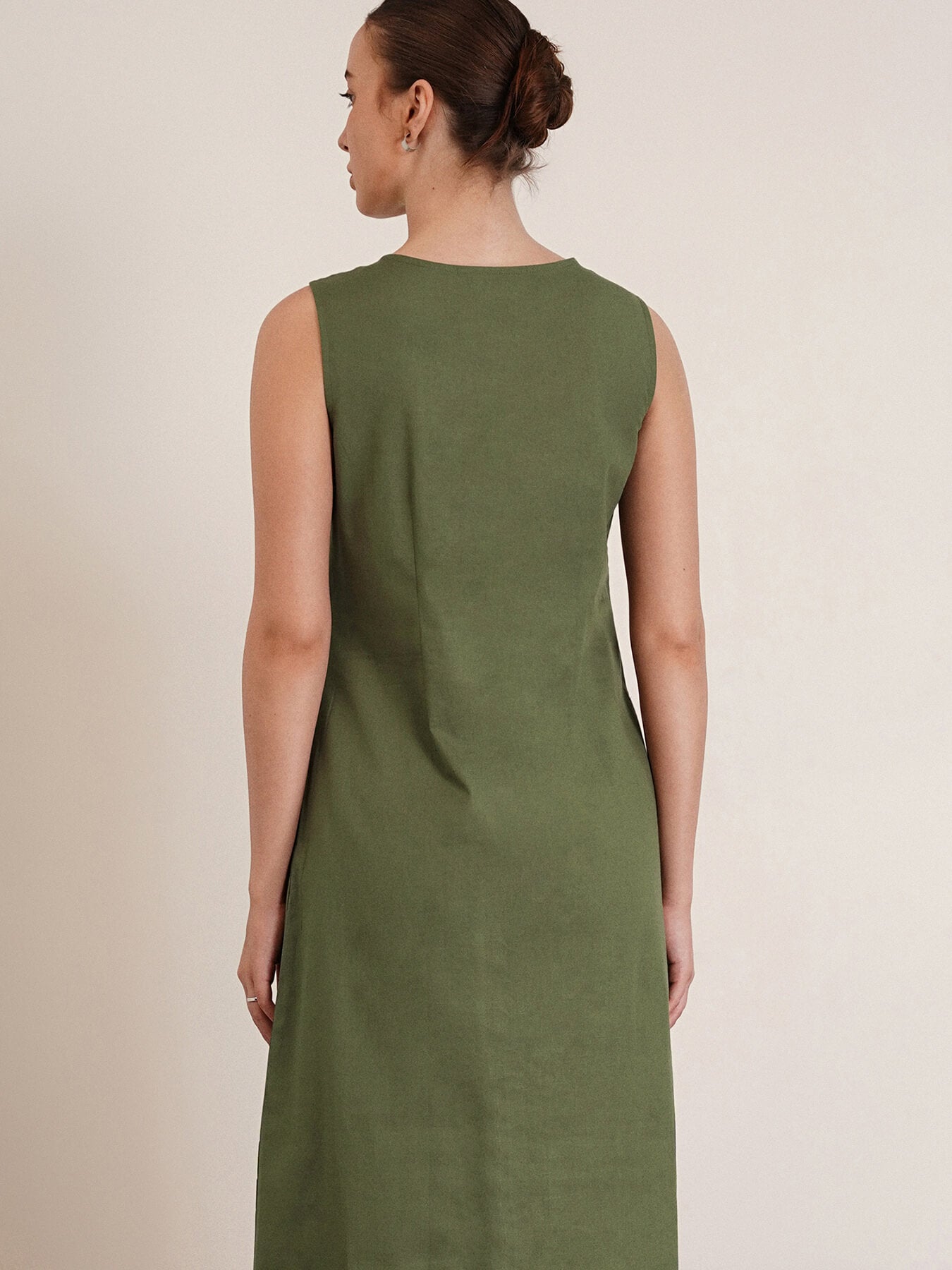 Cotton Button Down A-Line Dress - Olive