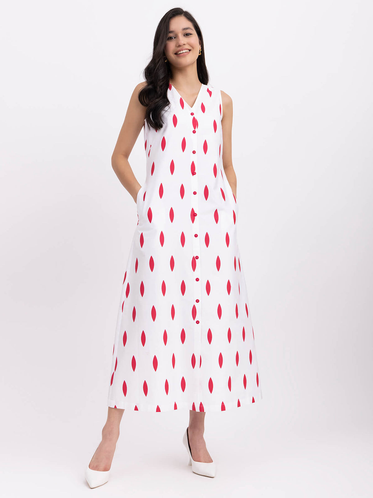 Cotton Geometric Print Dress - White And Red