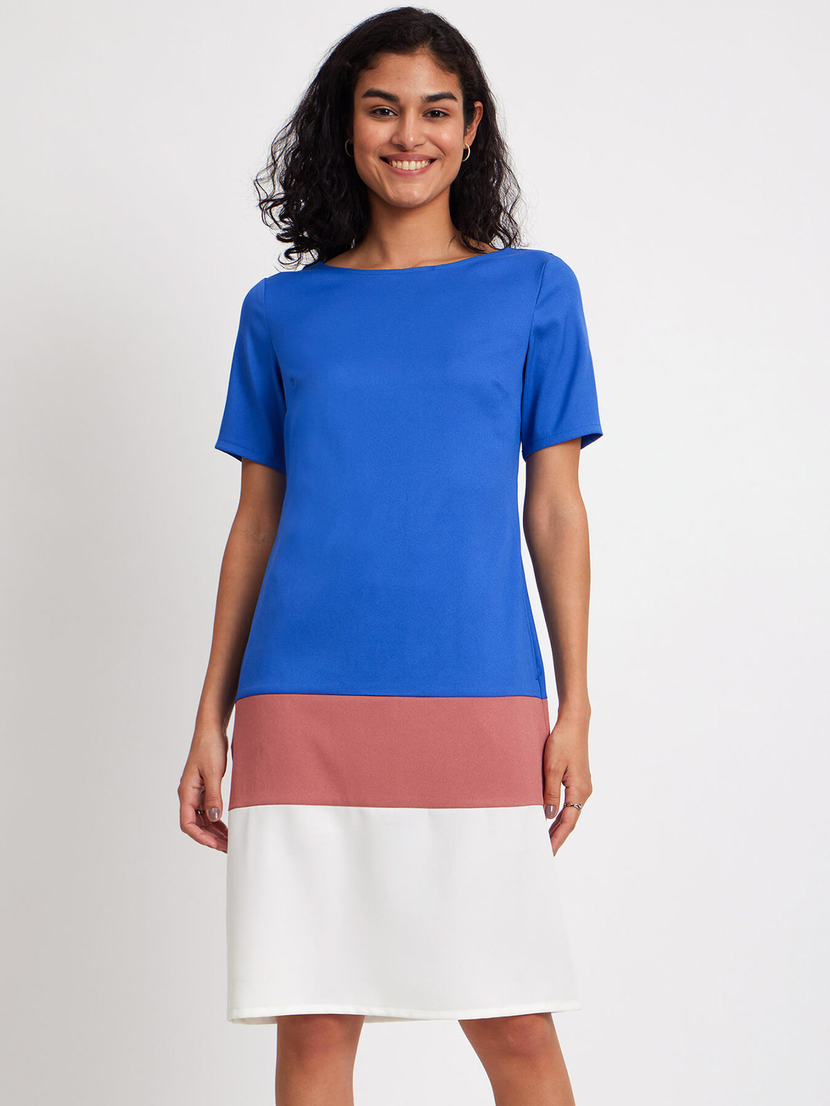 Colour Block Boat Neck Dress - Blue And White